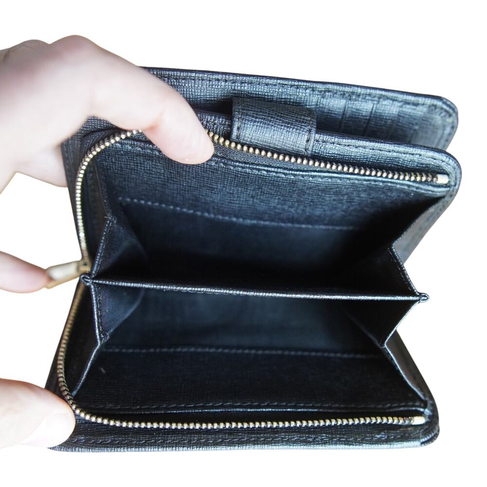 Furla Black Saffiano Leather Bifold Wallet Zip Coin Pocket Italy w Care Card EUC - Picture 5 of 12